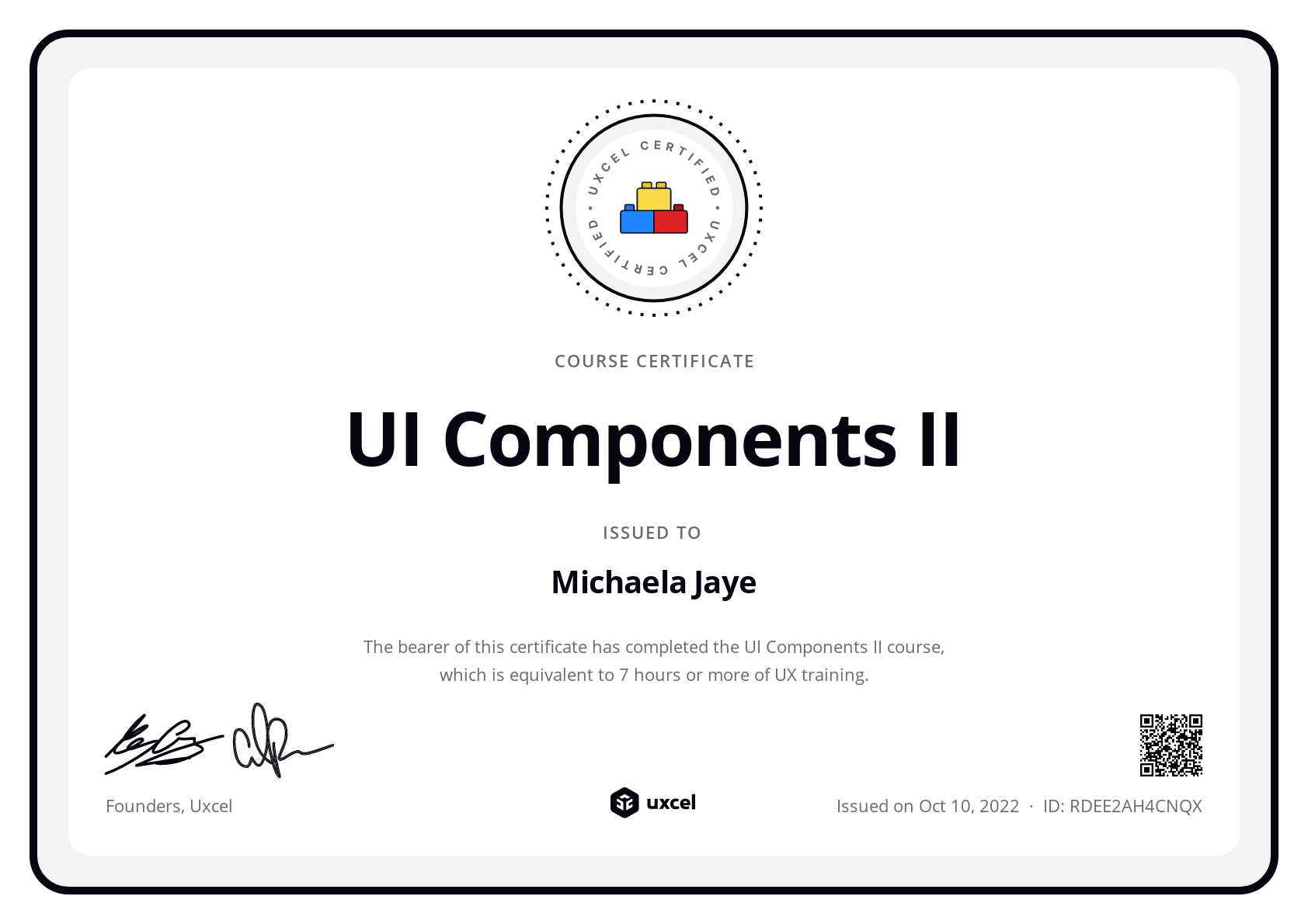 Michaela Jaye's certificate